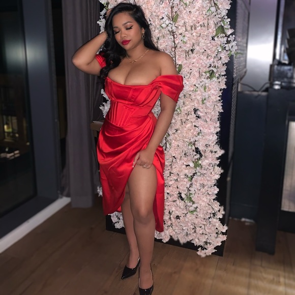 House of CB Dresses & Skirts - House of CB Red Off-Shoulder Satin Midi Dress